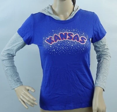 COLOSSEUM blue/gray hooded 2-in-1 look KANSAS logo T-shirt,girl size L 10-12 - Image 1 of 2