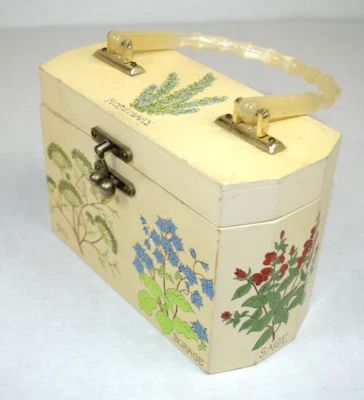 Vintage Hand Painted Wooden Herb Box 70s Acrylic Handle Felt Lined 8"x 5.5"x3.5" - Image 1 of 4