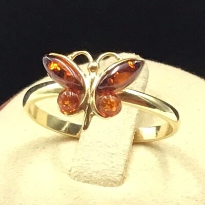 Anillo Mariposa Ámbar Oro Sobre Plata de Ley Talla 9.5 Nuevo Foto 1 de 4