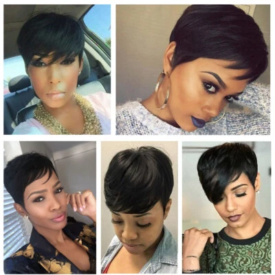Women Natural Black Wig Short Human Hair Pixie Cut Wig African American Full Wig - Image 1 of 4