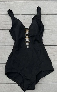 Vintage 1960er schwarz One Piece Badeanzug Bullet BH mit goldenen Ketten Größe XS - Bild 1 von 9