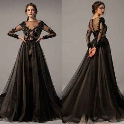 Schwarze elegante Brautkleider Gotische Vintage von der Schulter Brautkleider - Bild 1 von 4