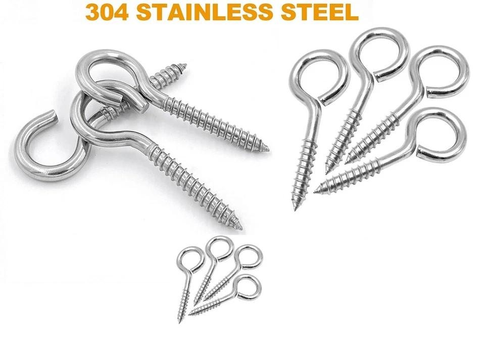 A2 STAINLESS STEEL LIGHT & HEAVY DUTY SCREW EYES & HOOKS WITH METRIC WOOD THREAD - Image 1 of 1