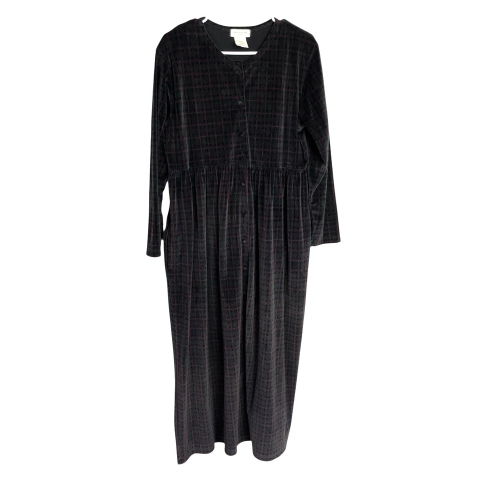Vintage Jones New York Dress Womens L Gray Red Velour Check Button Front Modest - Image 1 of 4