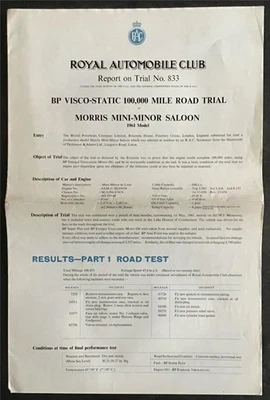 MORRIS MINI MINOR SALOON Car BP Visco-Static 100,000 Mile Road Trial 1961-62 - Image 1 of 4
