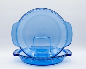 Set of 2 Anchor Ovenware Glass 9" Deep Dish Pie Plate 1 Qt Cobalt Blue #1075 Vtg - Picture 1 of 7