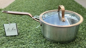 LA Sera Fine Stainless Steel Cookware Saucepan 3 Qt w/ Lid New Copper Trim Pot - Picture 1 of 5