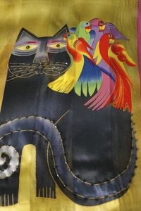 Laurel Burch Vintage 100% Seide Katzenschal mit tropischen Vögeln & schwarzer Katze - Bild 1 von 7