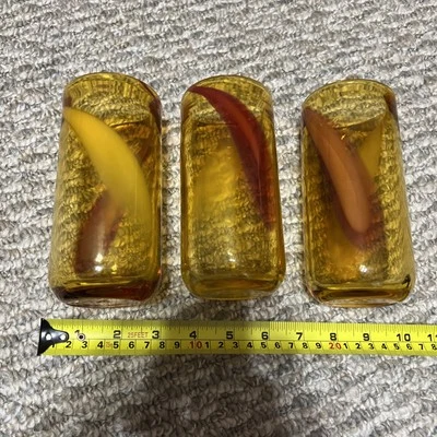 Pier 1 Amber Red Yellow SWIRL STUDIO ART GLASS HandBlown Drinking Glass Lot of 3 - Image 1 of 4