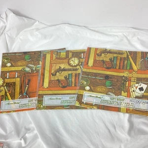 Vintage American Greeting Sportsman Themed Gift Wrap Set 3 Squares New Old Stock - Picture 1 of 10