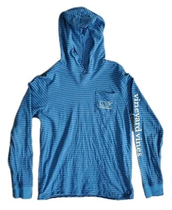 Vineyard Vines Logo Hoodie Shirt Youth L Large 16 Blue Stripe Long Sleeve Cotton - Picture 1 of 9