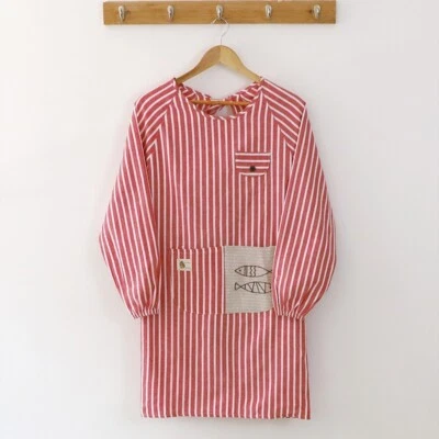 Cotton Linen Apron Stripe LongSleeve Workwear Cooking Baking Kitchen Chef Pocket - Image 1 of 4