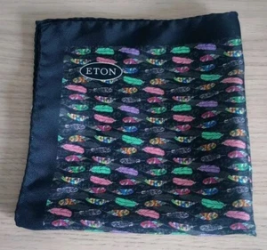 100% Silk Eton Pocket Square Black & Multi Coloured Feather Design Italian Made  - Picture 1 of 5