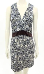 CELINE - Navy Blue & Cream Silk Batik Print V-Neck Sheath Dress 38 - Picture 1 of 8