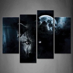 4 Panel Wall Art Black Wolf and Full Moon Painting The Picture Print On Canva... - Picture 1 of 8