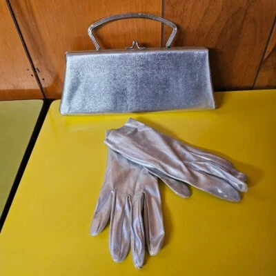 Vtg 60s Mod Space Age Silver Convertible Clutch Purse + Atomic Go Go Gloves S - Image 1 of 4