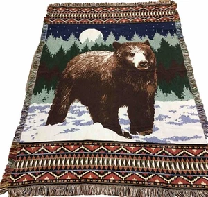 Vtg Brown Grizzly Bear Cabin Lodge Core Tapestry Blanket - Picture 1 of 9