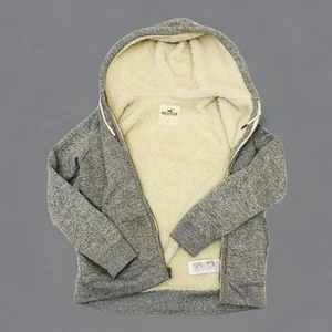 Hollister Sherpa Hoodie Womens Small Gray Full Zip Long Sleeve Lined Logo Pocket - Picture 1 of 12