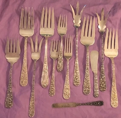 Collection of 11 Stieff Kirk Forks + 2 Bonus Knives Sterling Silver Repoussé 925 - Image 1 of 4