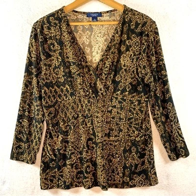 Top de cachemira artístico Chaps para mujer talla L cintura imperio sobrepelliz cuello en V elástico oficina Foto 1 de 4