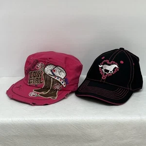 Lot Cowgirl Hat Cap Snap Back Pink Army Style Black Baseball Cap Adj Youth Girls - Picture 1 of 17