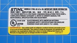 Stihl MS 441 Chainsaw Emissions Label Stihl Label # 1138 967 3500, # 11389673500 - Picture 1 of 2