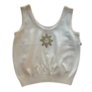 Vintage St. John Sportswear Ivory Cream Wool & Rayon Knit Tank Top Gold Sun Face - Picture 1 of 7