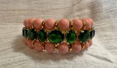 Pulseira HSN contas de coral acrílico com joias de esmeralda - Imagem 1 de 4