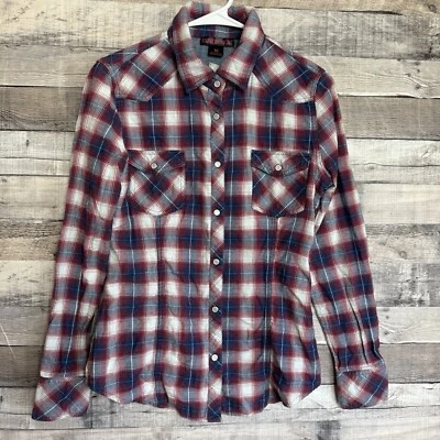 Rock & Roll Cowgirl Western Indian Pearl Snap Long Sleeve Plaid Shirt Sz Medium - Image 1 of 4