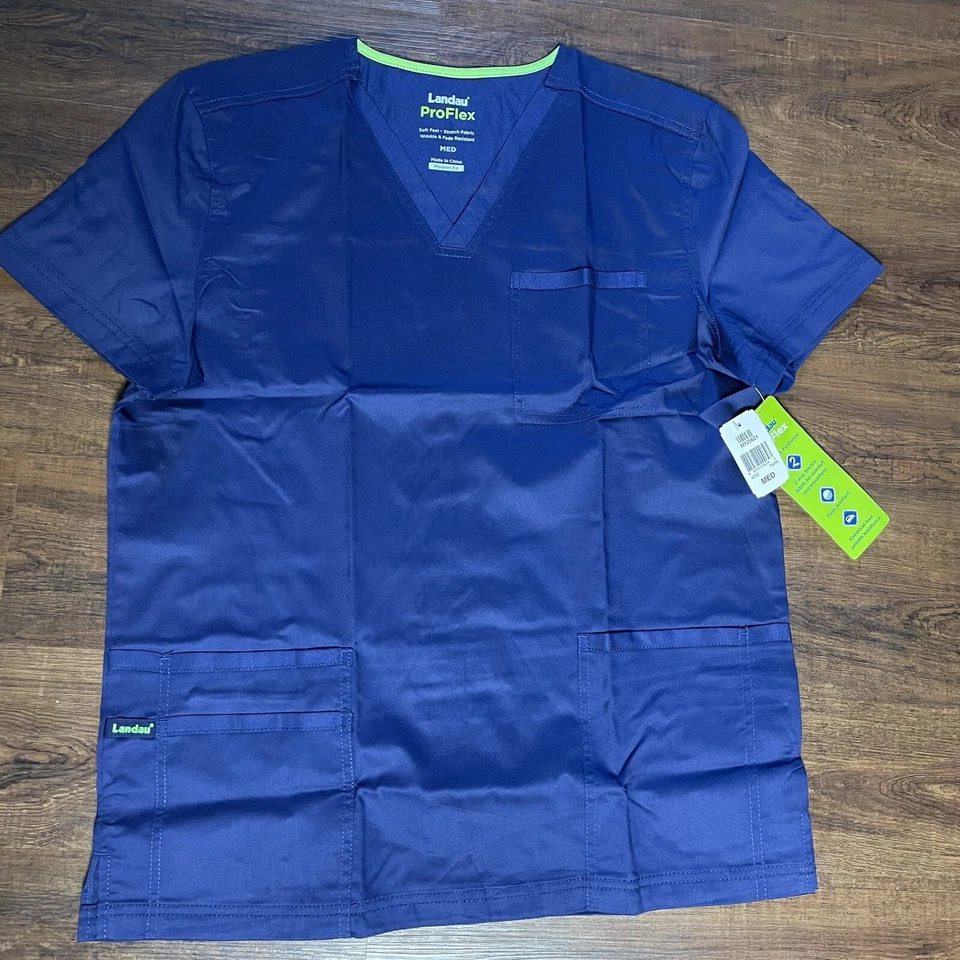 Blusa Médica Landau ProFlex Ajuste Moderno Talla Mediana Azul Marino Para Hombres 2 Bolsillos Cuello en V Foto 1 de 4