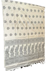 Kanjeevaram Silk Cotton Saree Sari South India Kora Off-White Gray Handloom NEW - Picture 1 of 19