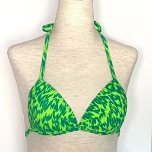 SO Bikini Swimsuit Halter Top Junior Sz XS Neon Animal Print Green Ruched Center - Picture 1 of 11
