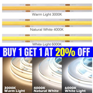 COB LED Strip Light Flexible Tape Lights Home DIY Lighting White Warm 5V 12V 24V - Picture 1 of 16