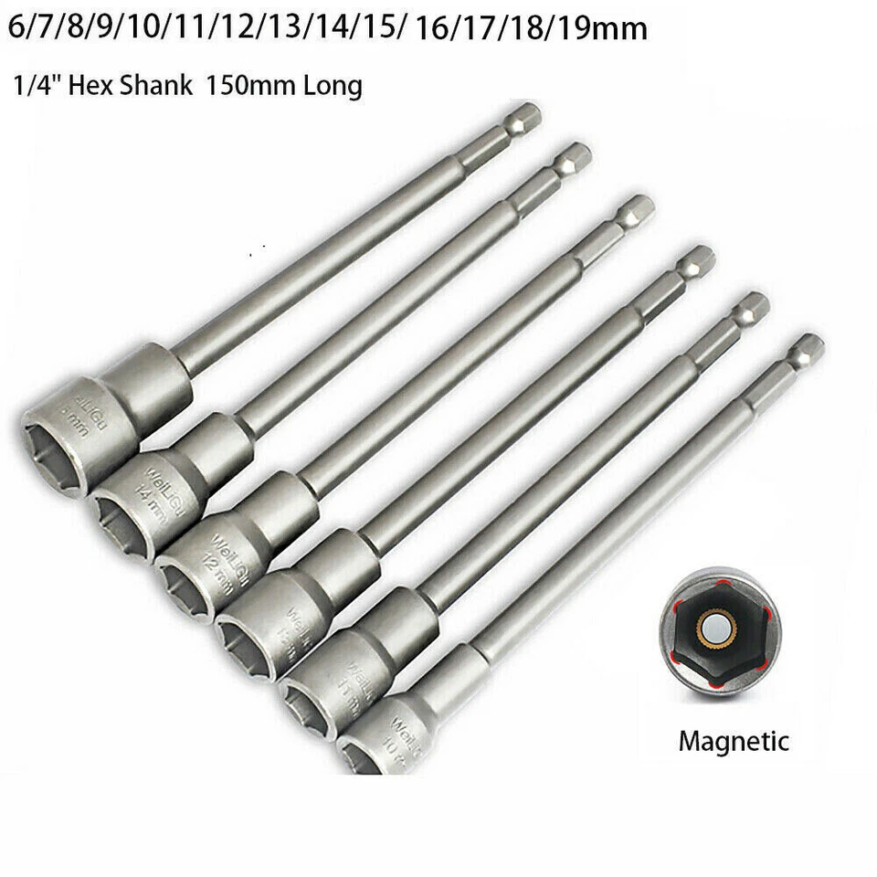 Magnetic Nut Driver Socket Or Set 150mm Long Impact Drill Bit Hex Shank 6mm-19mm - Image 1 of 4