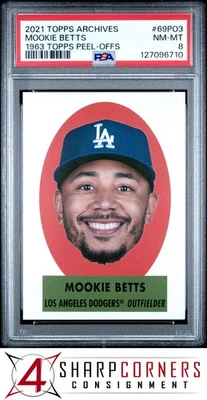 2021 TOPPS ARCHIVES 1963 TOPPS PEEL-OFFS #69PO3 MOOKIE BETTS POP 1 PSA 8 - Image 1 of 3