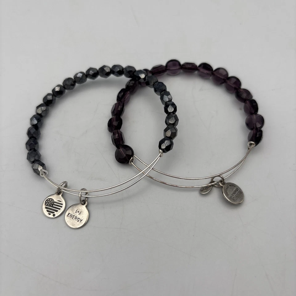 Juego de 2 pulseras deslizables Alex And Ani púrpura gris oscuro con cuentas plateadas Foto 1 de 4