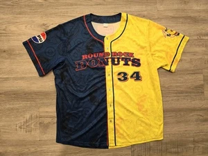 Roundrock Express Donuts Baseball Jersey Mens XL Blue Yellow #34 Success Brands - Picture 1 of 16
