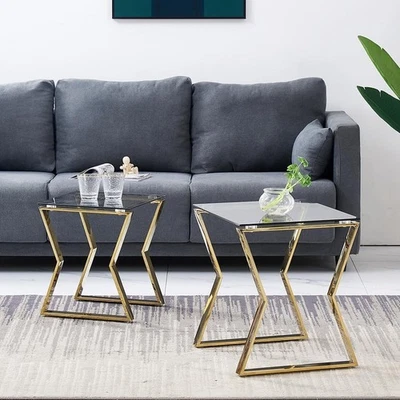 Modern Nesting Coffee Table Set of 2 End Side Stackable Metal Glass Gold - Image 1 of 4