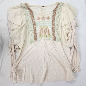 Free People Women's Long Sleeve Cream Ivory Shirt Top Embroidered Accent LARGE - Picture 1 of 5