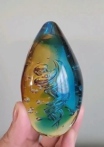 Art Glass Egg, Tear Drop Shape Paperweight, Swirl, Helix, Blue, Yellow 5” X 3” - Picture 1 of 6