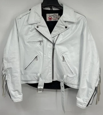 VTG Sears Leather Shop Motorcycle Jacket Women’s Size 18 White Fringe USA Flaw - Image 1 of 4