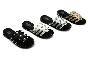 Womens Sliders Slippers Mules Ladies Studded Beach Party Flat Flip Flops Sandals - Picture 1 of 13