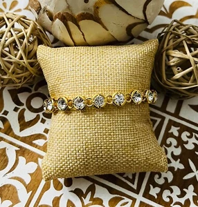 Women's Gold and Rhinestone Chain Bracelet with Toggle Clasp, Handmade Boutique - Picture 1 of 2