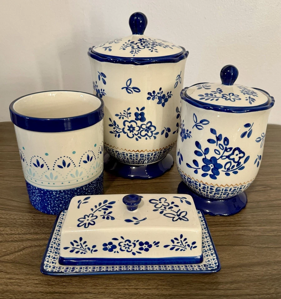 LOT OF 4! Meritage Botany & Navis Ceramic Canisters Butter Dish & Utensil Holder - Image 1 of 4