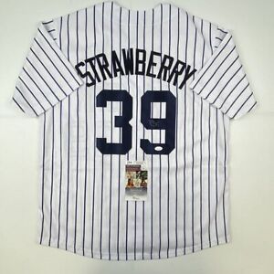 Autographed/Signed DARRYL STRAWBERRY New York Pinstripe Baseball Jersey JSA COA