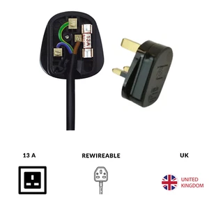 2-10 Rewireable Quick Fit 3 Pin UK Mains Plug Fitted with 13A Amp Fuse Black - Picture 1 of 3