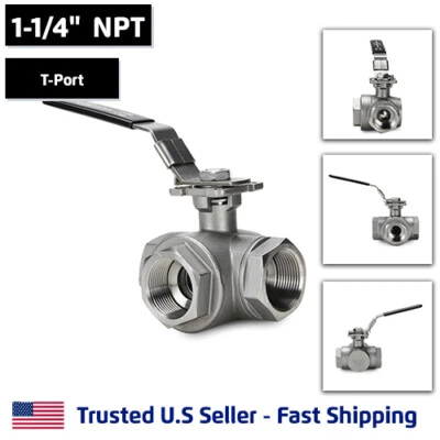 1-1/4" 3-Way T-Port Ball Valve, Stainless Steel, NPT Threaded, 1000PSI - Image 1 of 4