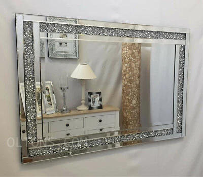 Crushed Diamond Crystal Jewel Glass Silver Frame Bevelled Wall Mirror 120x80cm - Image 1 of 4
