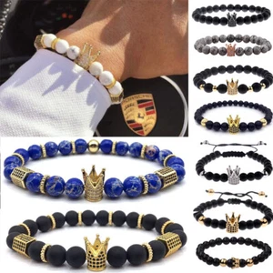 Imperial Zircon Crown Charm Men Bracelets Natural Stone Beads Jewelry Xmas Gifts - Picture 1 of 56