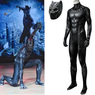 Black Panther Jumpsuit Superhero Cosplay Costume Halloween Adult Bodysuit Mask - Image 1 of 4